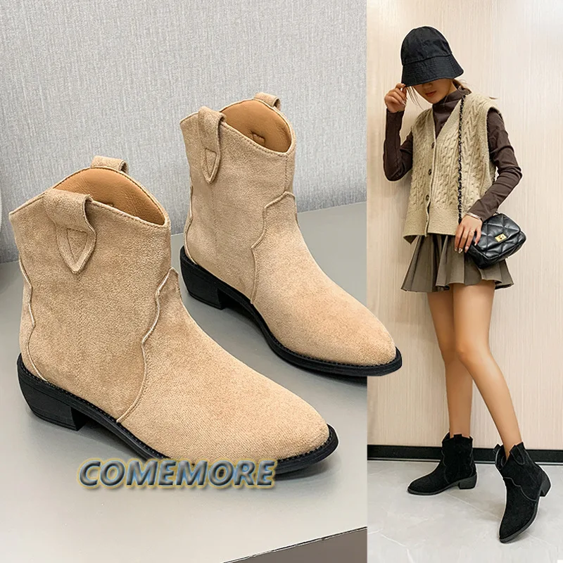 Autumn Winter Casual Western Cowboy Ankle Boots Women Leather Cowgirl Short Cossacks Pointed Thick High Heel Shoes Large Size 43