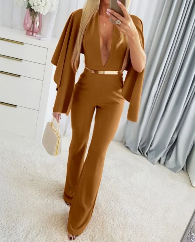 

Women's 2025 autumn/winter spring new fashion casual sexy irregular sleeves sexy jumpsuit zipper long belt waist belt