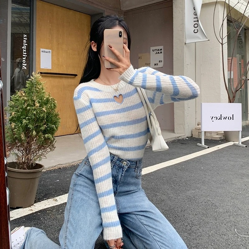 Korean Fashion Kawaii Knitted Sweaters Women Striped Chic Cute Sweet Elegant Sweaters Long Sleeve Casual Pullovers Autumn 2021