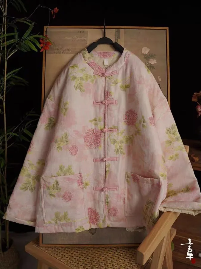 

Artistic Floral Cotton Jaet Stand Collar Button Front Retro Embellied Loose Fit Long Sve Thiened Winter Outerwear