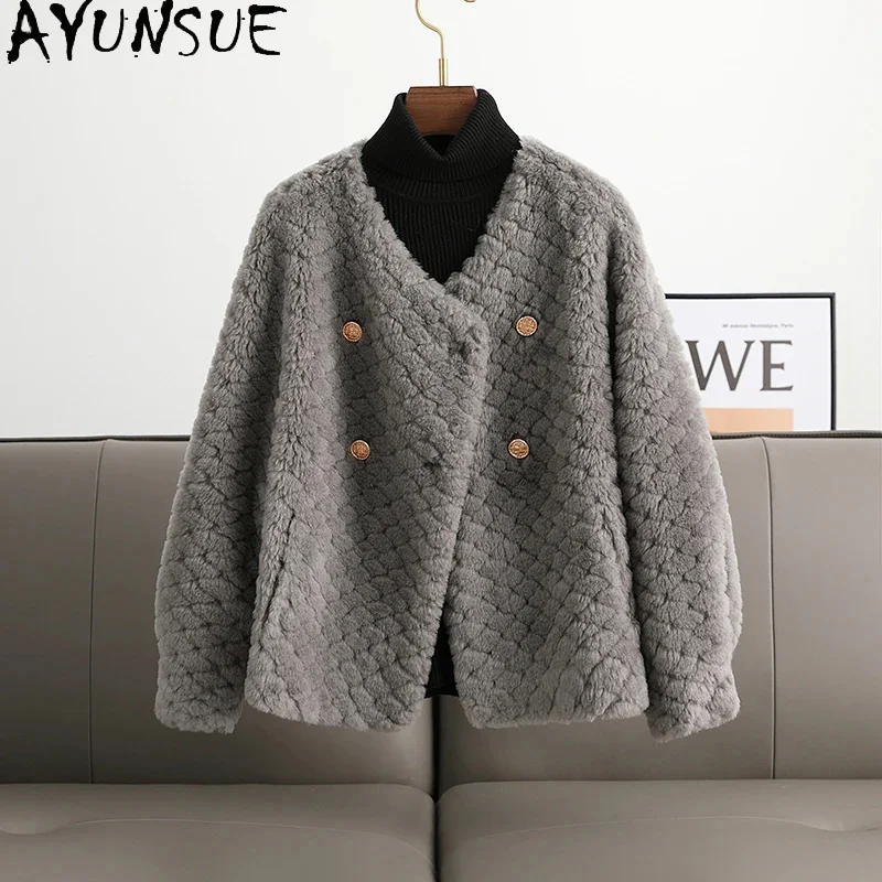 

100% AYUNSUE Granular Wool Coats for Women 2024 New Autumn Winter Double-breasted Sheep Shearing Jacket Chamarras Para Mujeres