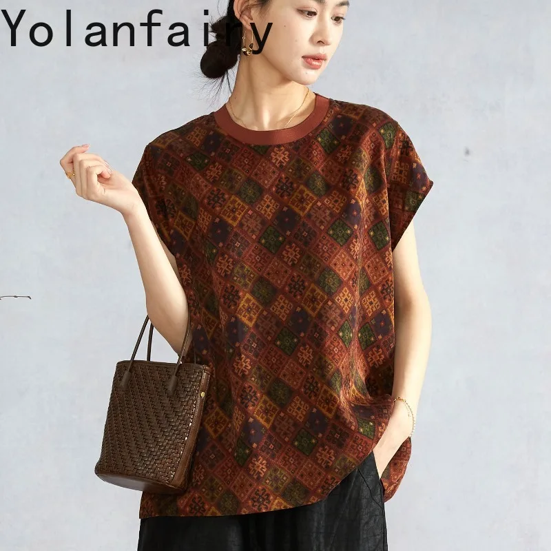 YOLANFAIRY Old Money Style Casual Women Silk T-shirt 100% Mulberry Silk Gambiered Jacquard Silk Blouse Elegant Short Sleeve Top