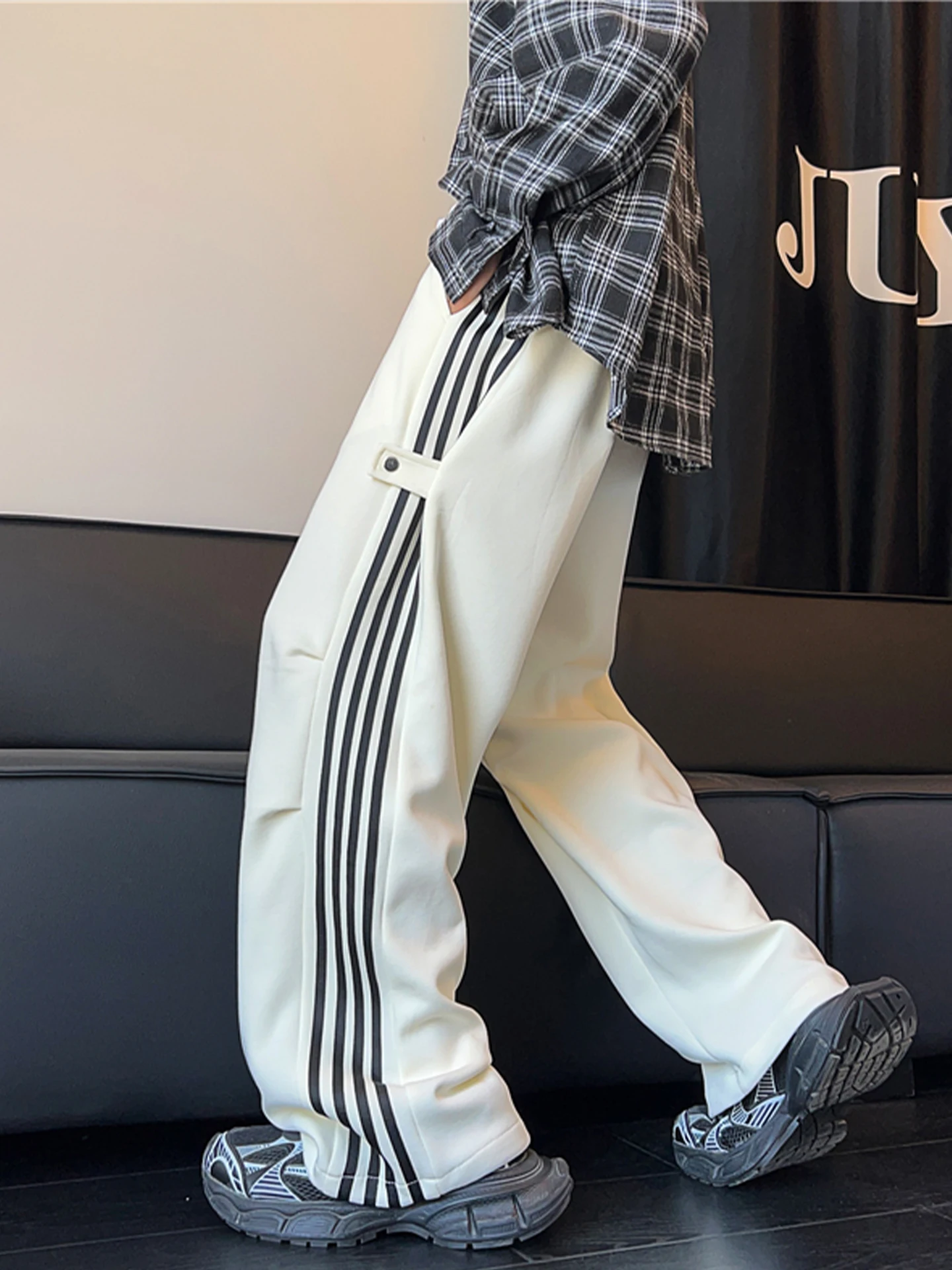 

American Trendy Men's Sweatpants Autumn High Street Lazy Striped Loose Straight Leg Casual Sports Pants Faionable Ci Sle