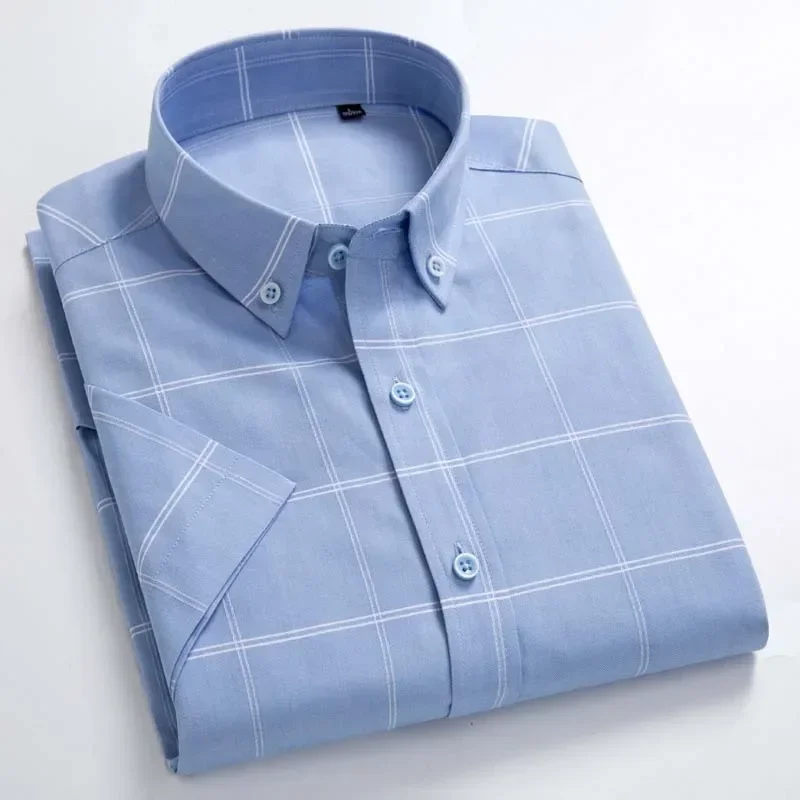 Hight qulity 100%cotton thin summer Casual short sleeve shirts for men slim fit formal plain white soft office plaid clothes