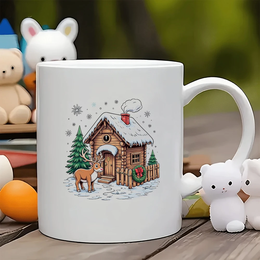 

11oz cartoon winter cottage mug + Christmas reindeer gift kids cup home office coffee mug Christmas decoration gift