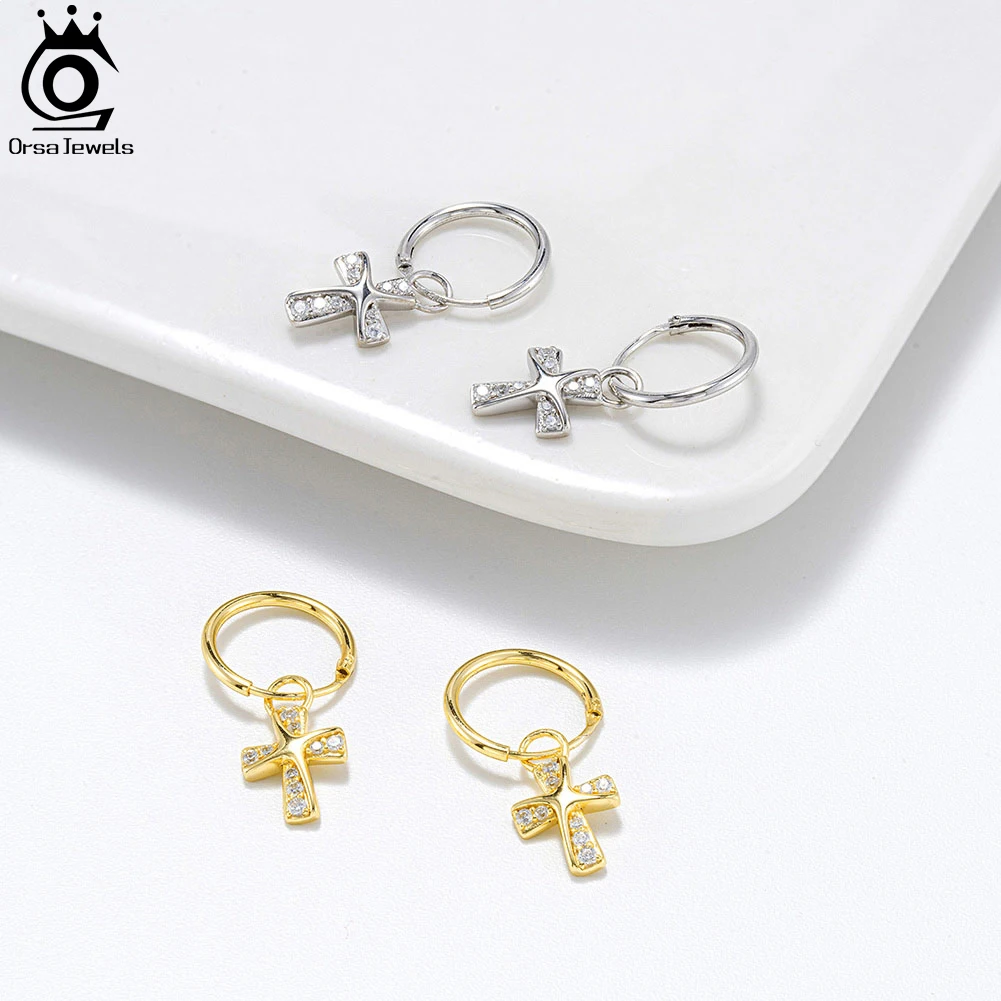 ORSA JEWELS Shiny 925 Sterling Silver Cubic Zircon Cross Pendants Necklace Earrings Set For Women Fashion Engagement Jewelry
