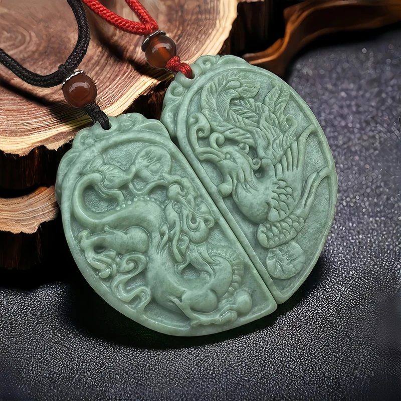 

Green Natural Real Jade Dragon Phoenix Pendant Necklace Amulet Fashion Accessories Luxury Gift Carved Jewelry Vintage Talismans