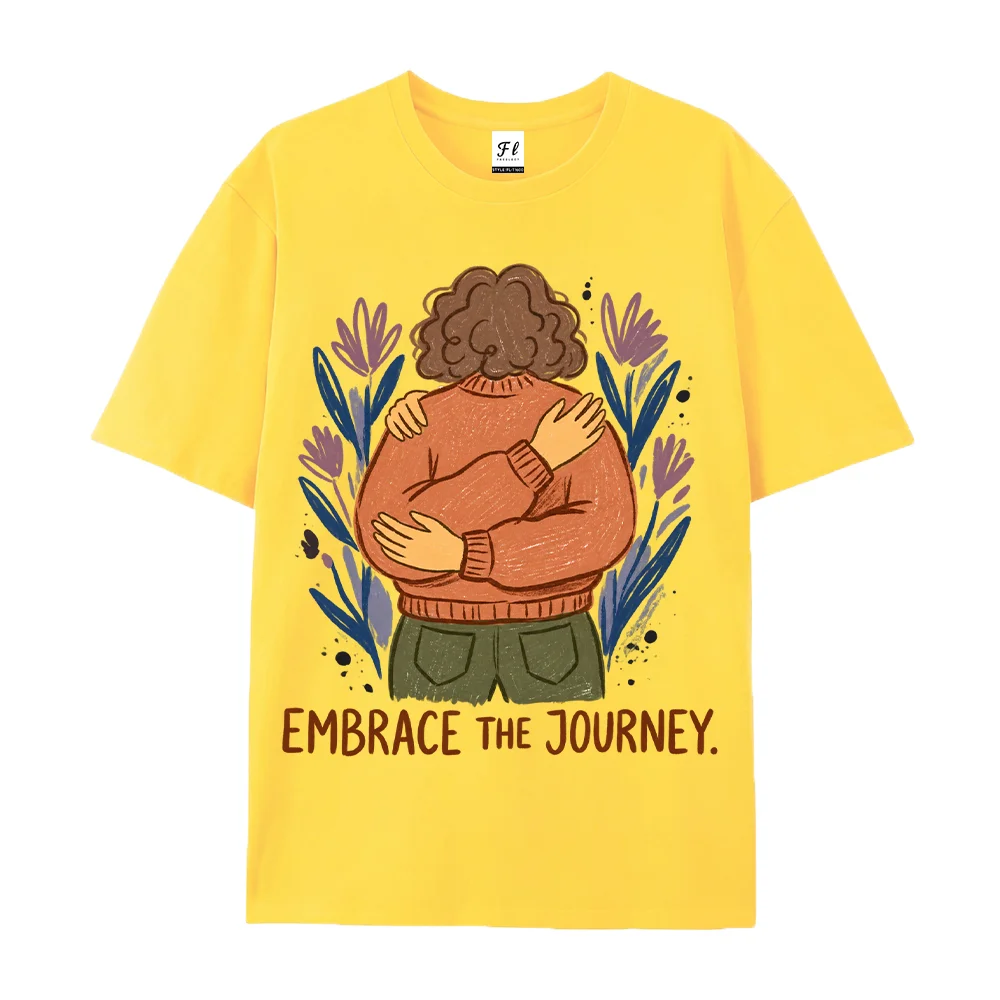 Women T Shirt Embrace The Journey Letter Print Floral Self Hug Graphic Casual Aesthetic White Short Sleeve Loose Cotton Tops