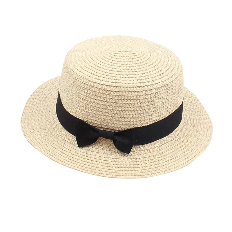 Damen-Sommerhut im britischen Stil, einfacher Strohhut mit kleiner Krempe, koreanischer Stil, Schleifenknoten, flacher Sonnenhut, beliebter Damen-Strohhut – Detail 18