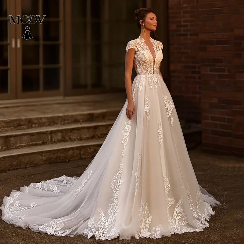 

Stunning Glitter Wedding Dress Open Back Customized V Neck Cap Sleeve Applique Court Train MCDV Bridal Gown for Bride