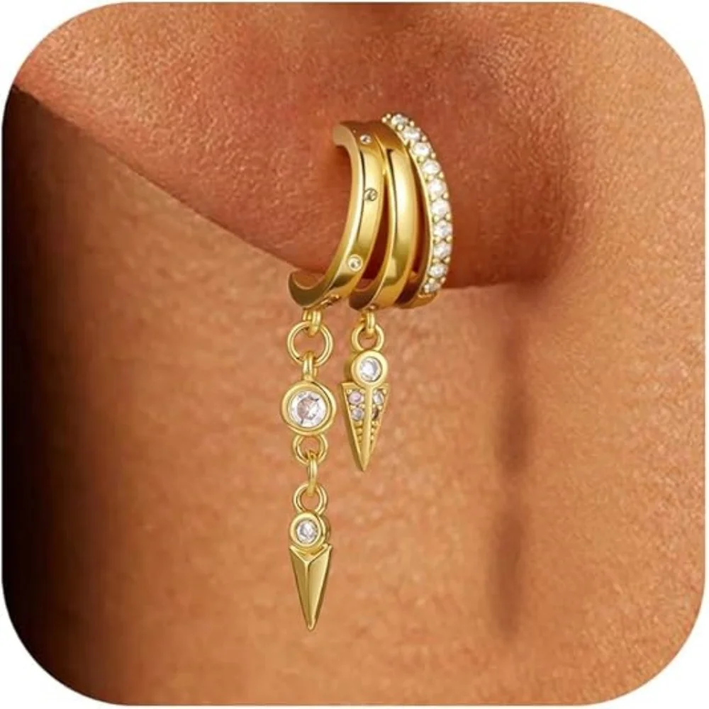 14k Gold Plated Triple Huggie Stud Earrings for Women Sparkling CZ Chain Tassel Hypoallergenic Dangle Earrings Jewelry Gifts
