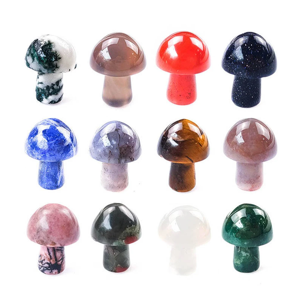 7PCS Natural Gemstone Mini Mushroom Stone Carving Crystal Handmade Spiritual Healing Statue Decoration Gift Collection