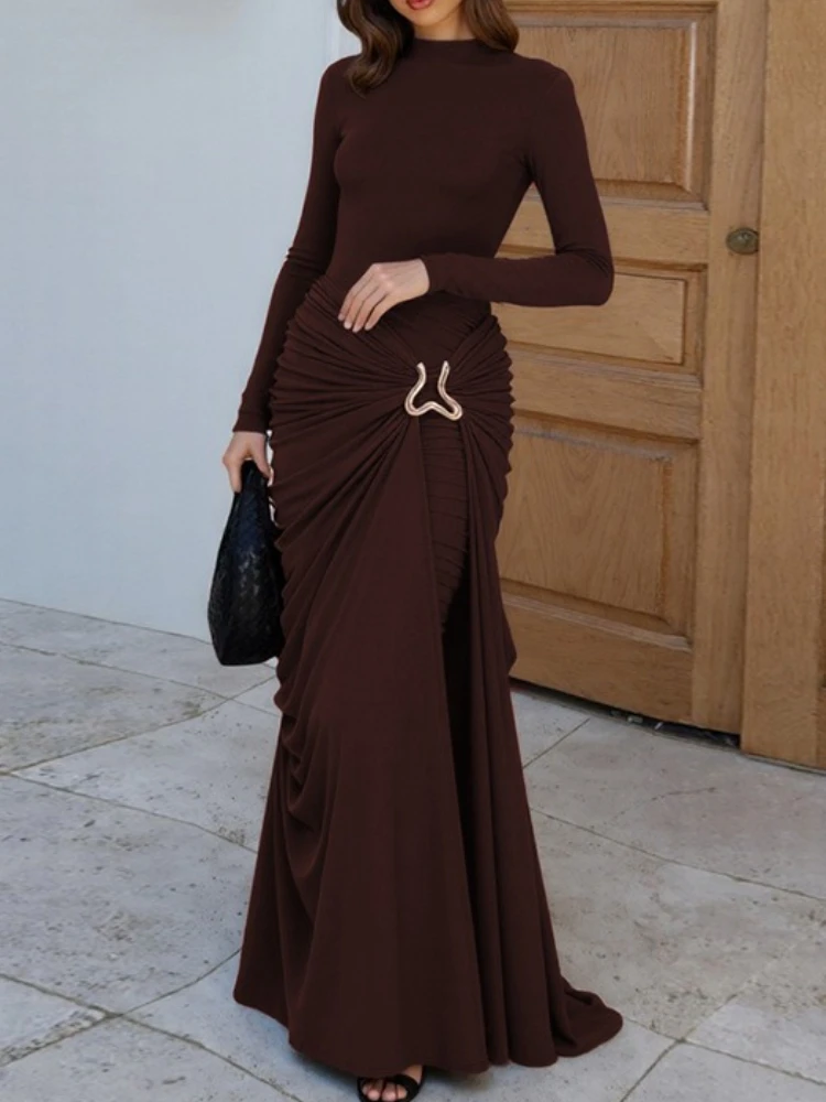 

Tossy Elegance Round Collar Pleats Long Dress Female Tapered Waist Long Sleeve Solid Slim Party Dress Evening Women's Maxi Dress