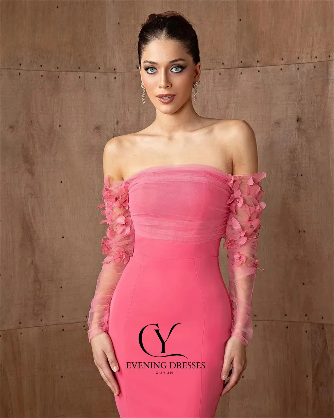 Cuyun personalizado sereia rosa vestido de noite 2026 mangas compridas 3d flores feminino vestido de festa de casamento elegante formal longo vestido de baile