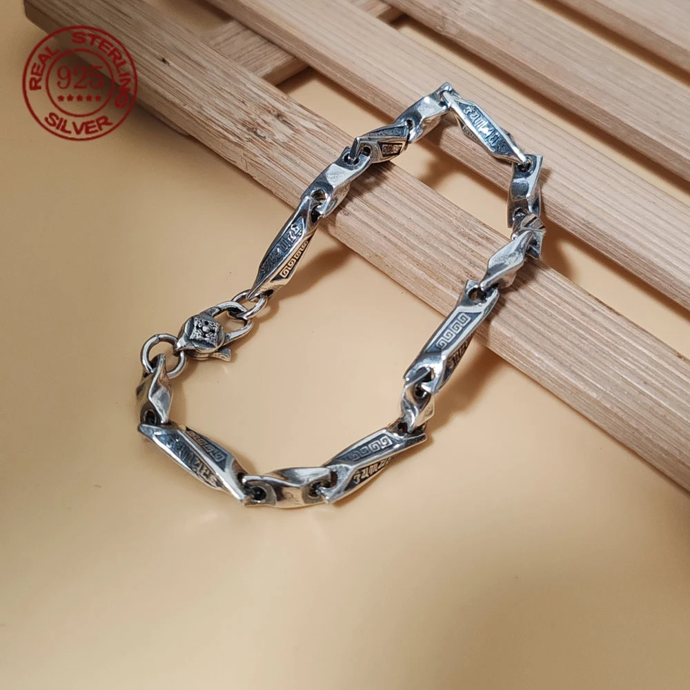 S925 Sterling Silver Men's Vintage Bracelet Antique Text Carved Rhombus Chain Hand Jewelry for Men and Women
