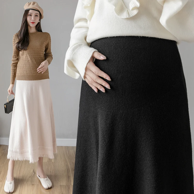 Maternity Abdomen Knitted Skirts Autumn Long Loose Tassel's Skirt of Tall Waist Pregnant Women Large Hem Tassel Umbrella Skirts