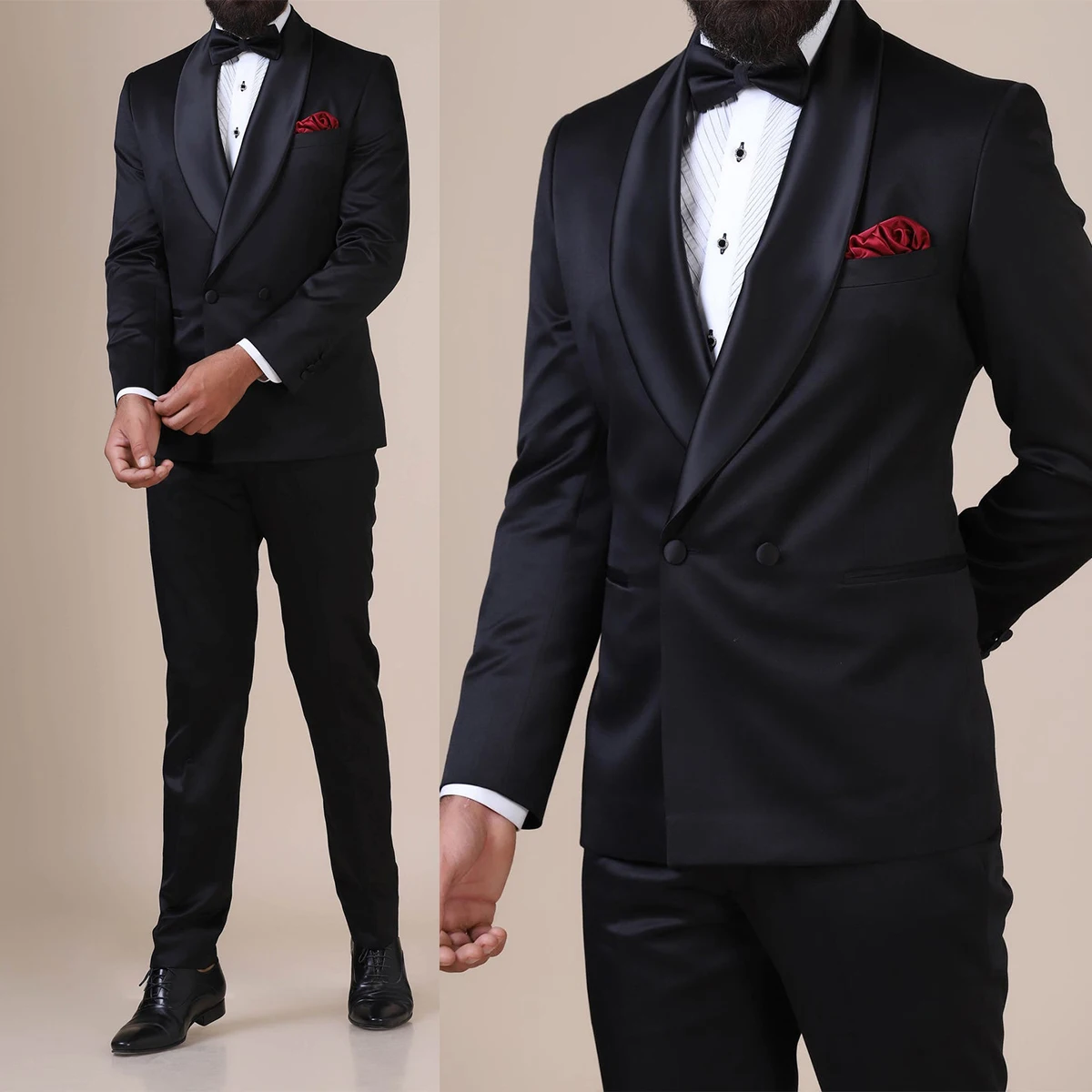 

Handsome Black Grooms Men Tuxedos Classic Shawl Lapel Blazer Suits Formal Party Prom Pants Set