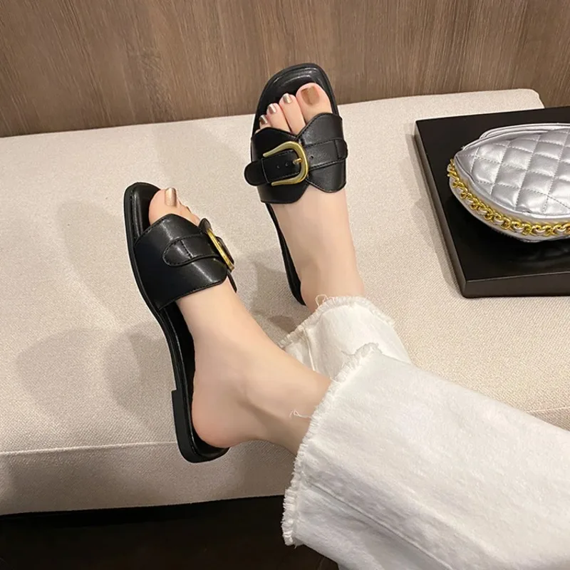 New Summer Women Slippers Leather Square Toe Women Flats Flip Flops Designer Ladies Slides Sandals Women Shoes Luxury Sandals