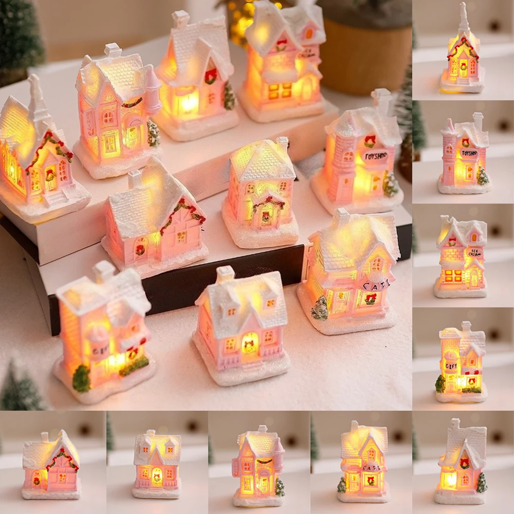 

1PC Christmas Ornaments Pink Resin Snow House with LED Lights Christmas Table Ornaments Family Christmas Atmosphere Decoration
