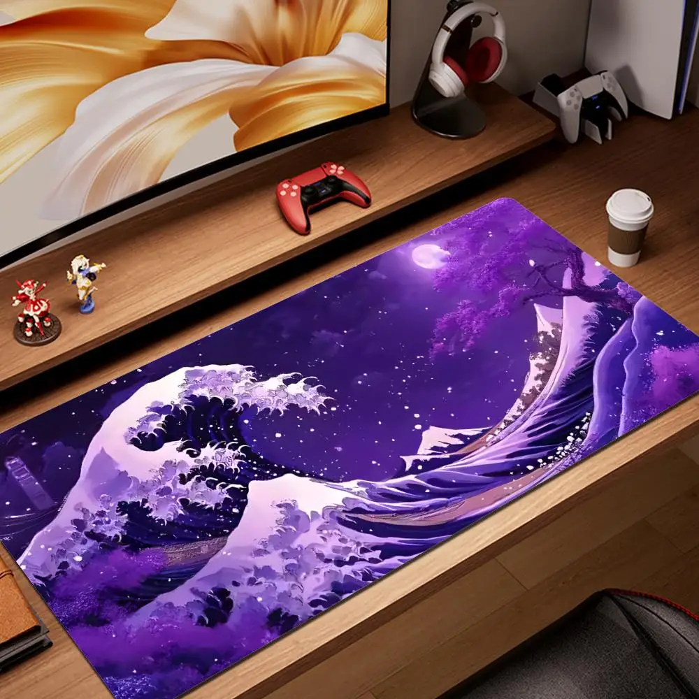 

Neon ukiyo-e art style waves theme Mouse Pad Desk Mat with Stitched Edges non-Slip rubber base pc accessories Gaming HYBXAXC