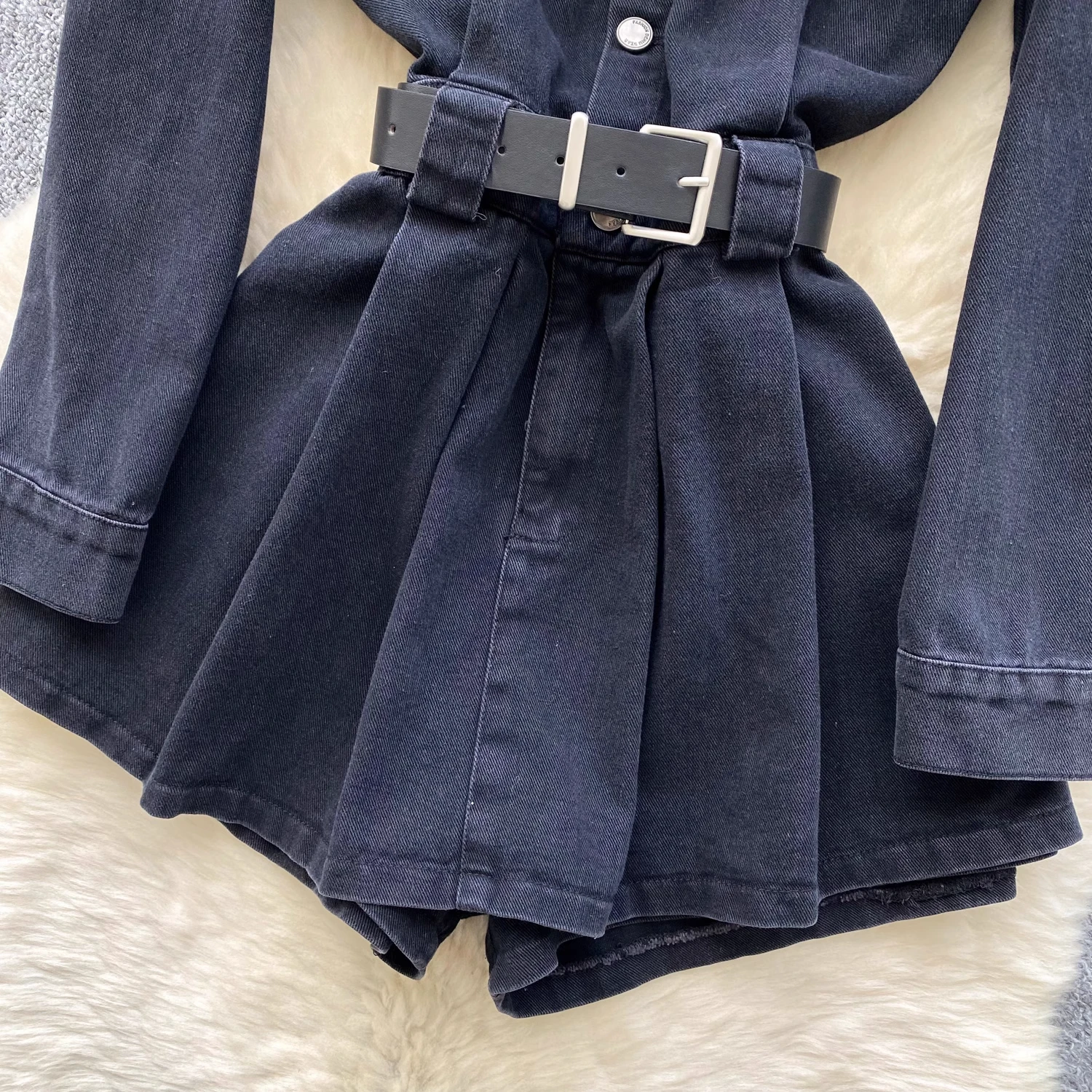 الرجعية المألوف المألوف الدنيم بذلة السراويل الإناث الربيع مع حزام رقيقة عالية الخصر بذلة طويلة الأكمام #3