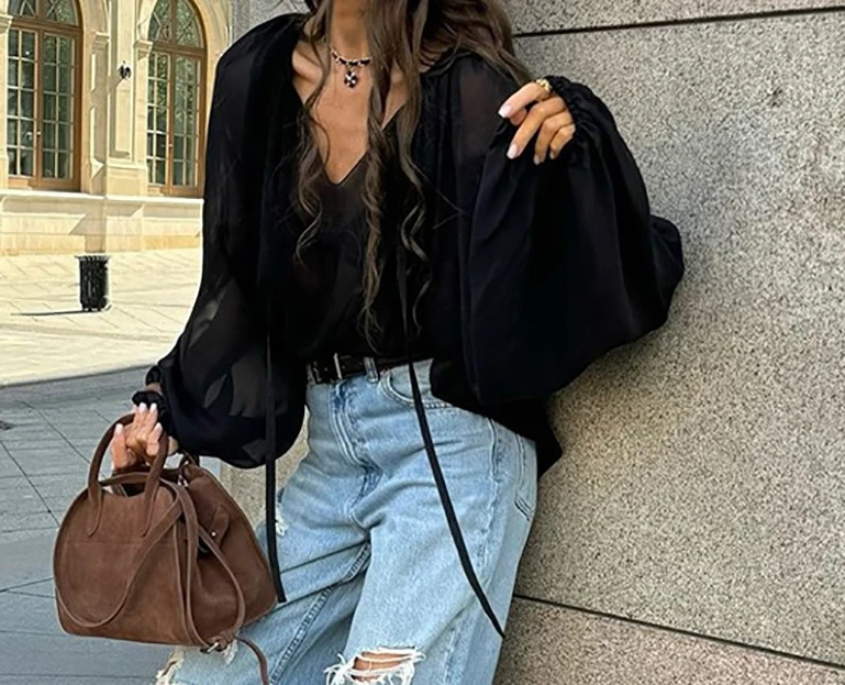 

Черный топ женский, лето 2025 года, пуловер с v-образным вырезом и рукавами-фонариками для поездок на работу, дизайн Sense, рубашка