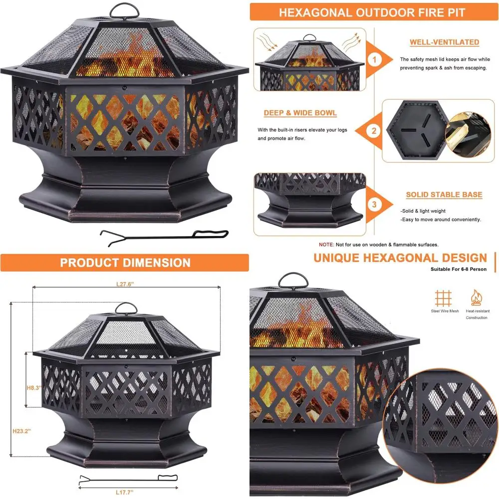 

Шестигранная костра для костра, 28-дюймовый открытый дворик, костер для кемпинга на заднем дворе, отделка из античной бронзы