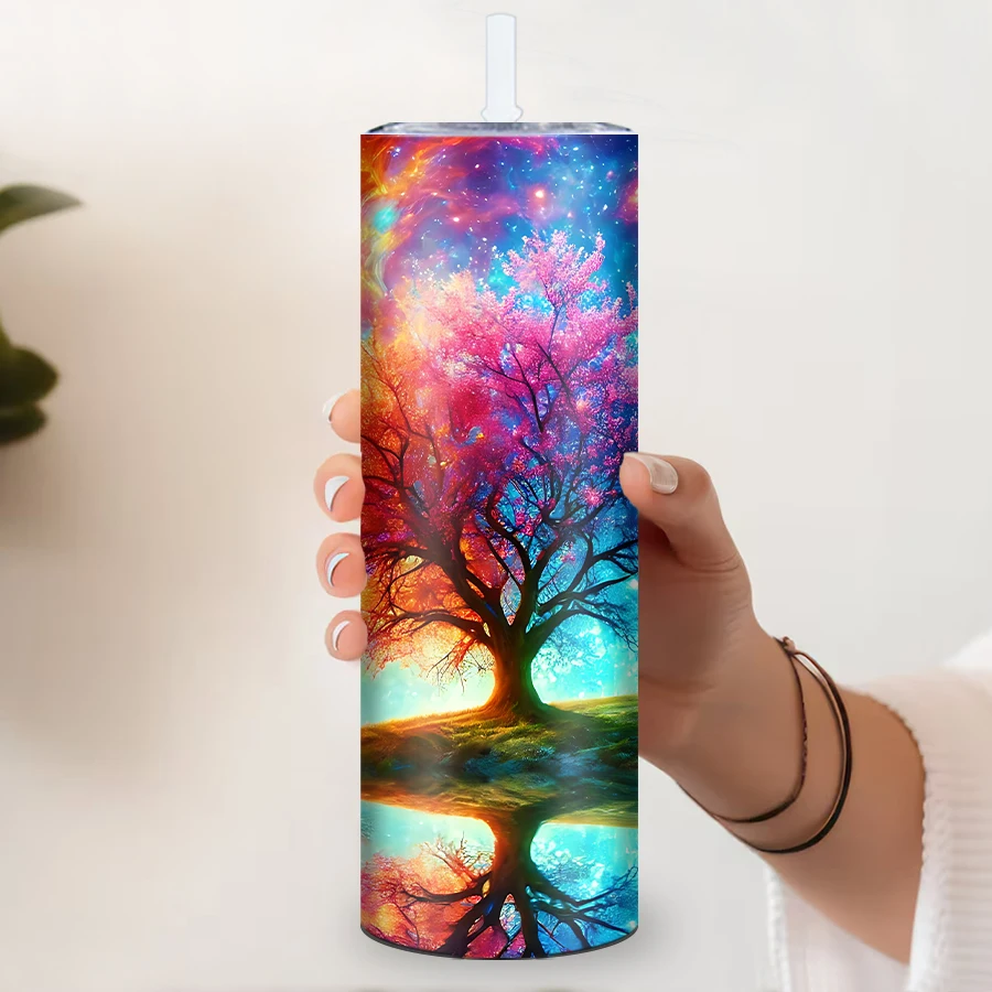 20oz Stainless Steel Party Water Bottle Straw Lid  Print 3D Tree & Galaxies Straight Skinny Tumblers Stainless Insulated Cups