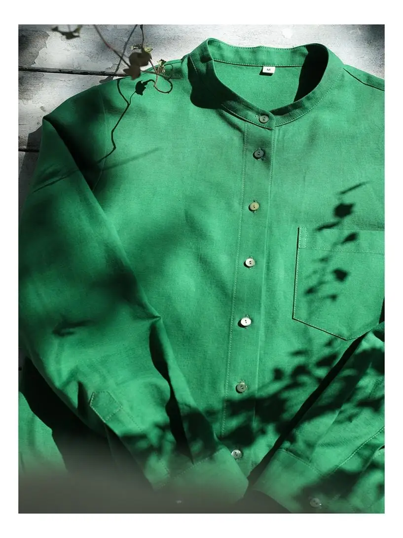 

Spring een Long Sve Cotton irt Women's Stand Collar Woven Fabric Comfortable Fit Commute Sle Spring 2025 Faion