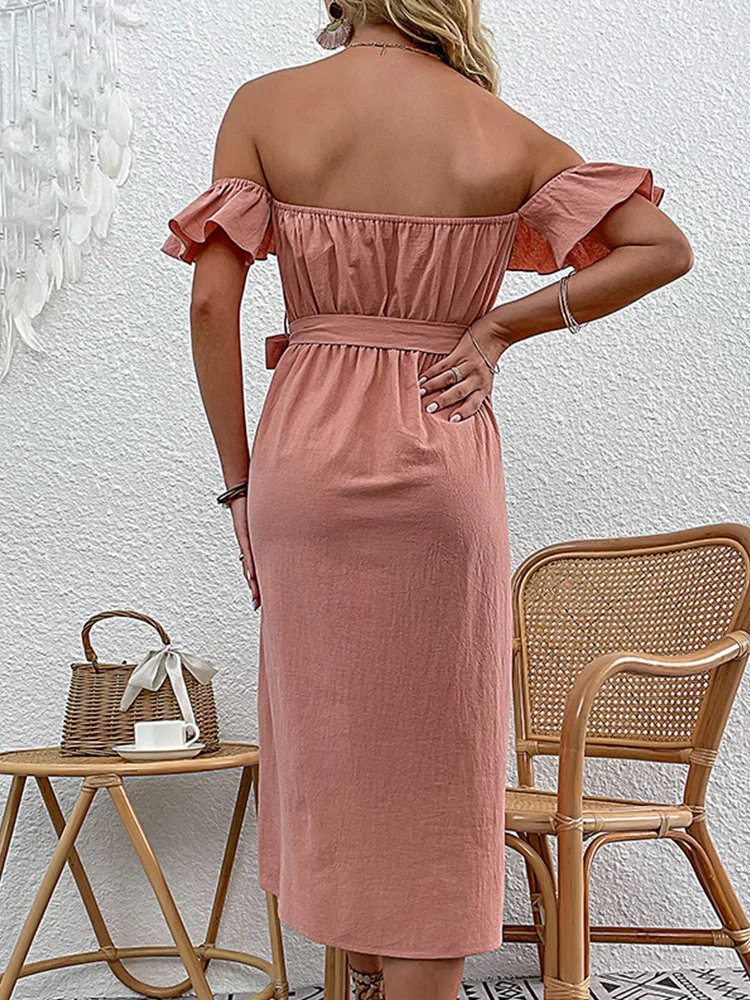 JIM & NORA Sexy Slash Neck Flounced Edge Slim Fit Bandage Buttons Backless Dress Soild Colour Midi Length Party Dresses