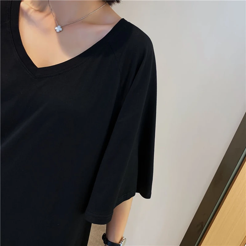 Trendy Oversized Woman Tshirts Korean Loose T-shirt V Neck Dress Print Numbers 1973 Half-sleeved Large Long Summer Dress Girl