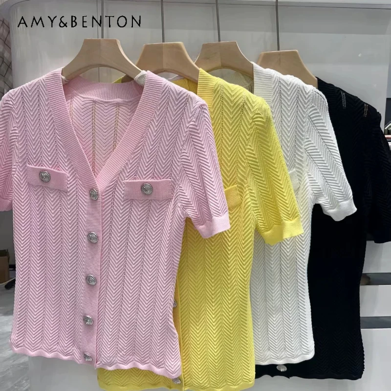 2026 Summer New V-neck Short-sleeved Women's Knitted Cardigan Original Design Solid Color Wavy Metal Buckle Thin Sling Ladies