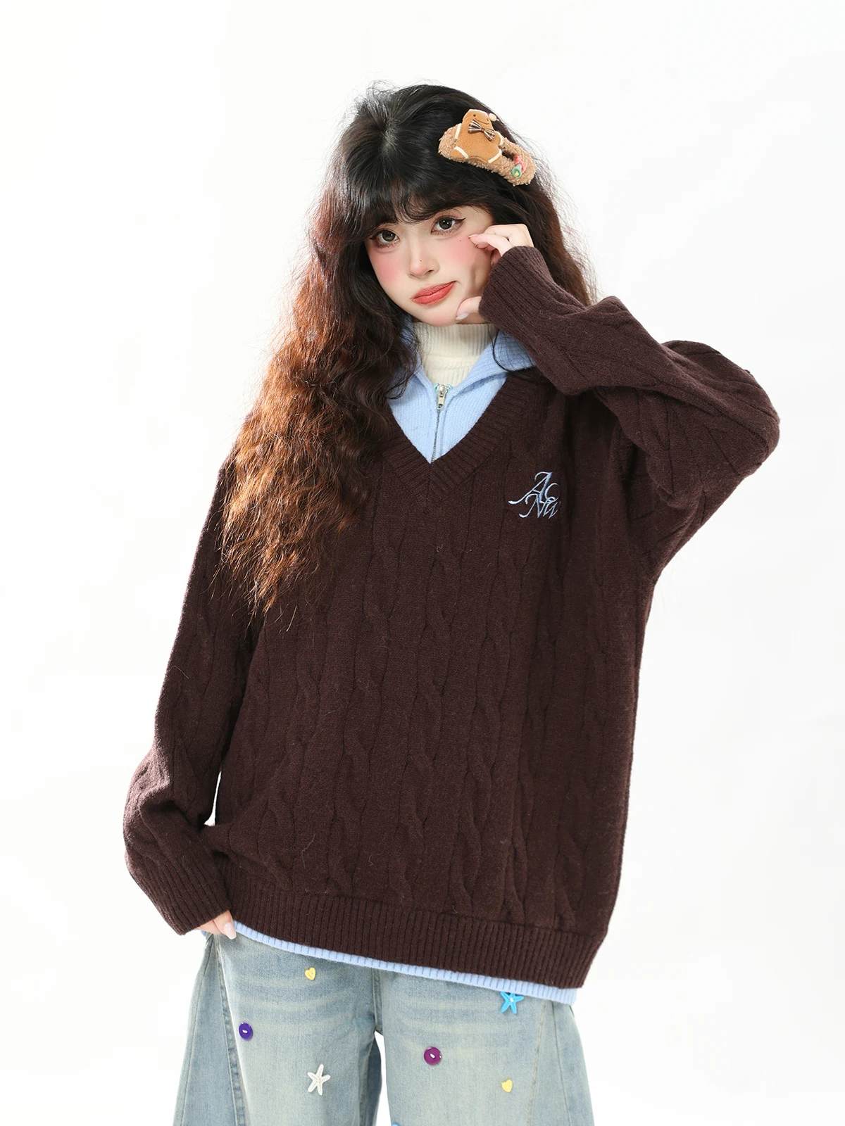 

ENJOG Vintage Caramel Knitwear Loose Women's College Sle Lazy Faion Top Single Piece Long Sve Autumn Wear