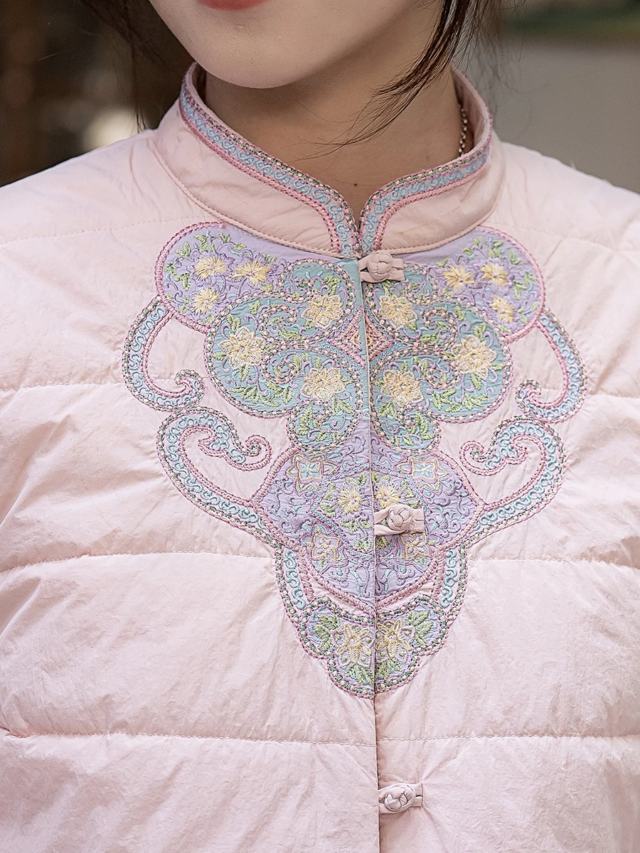 Thickened Cotton Jacket with Embroidery And Button Winter Style National Style Women's Outerwear Retro Single Button Nylon Fi...