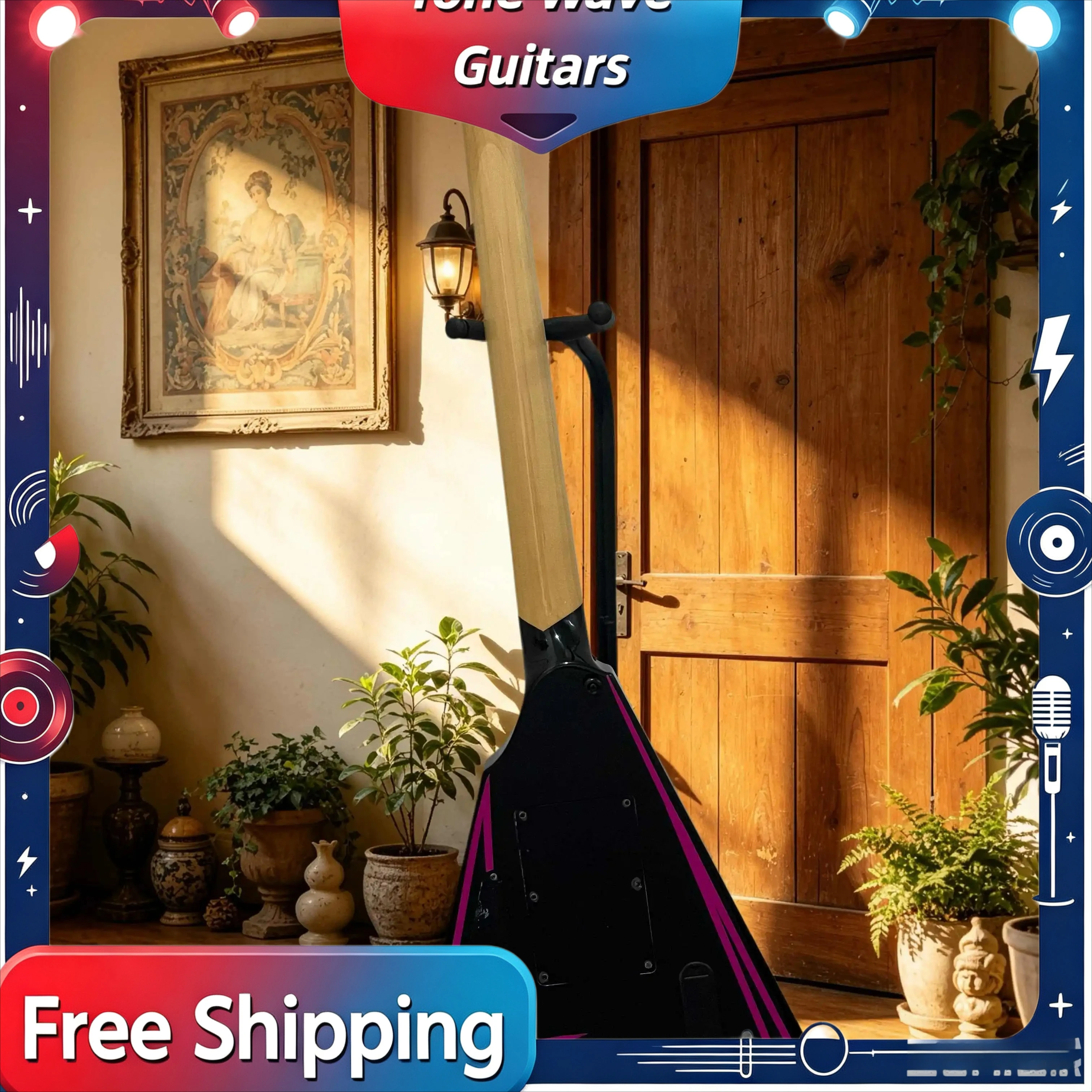 NEW HOT Electric Guitar Black Pink Lines V-shaped Double Rocking Maple Neck Niche Dark Collection Scarce Item Delivery included