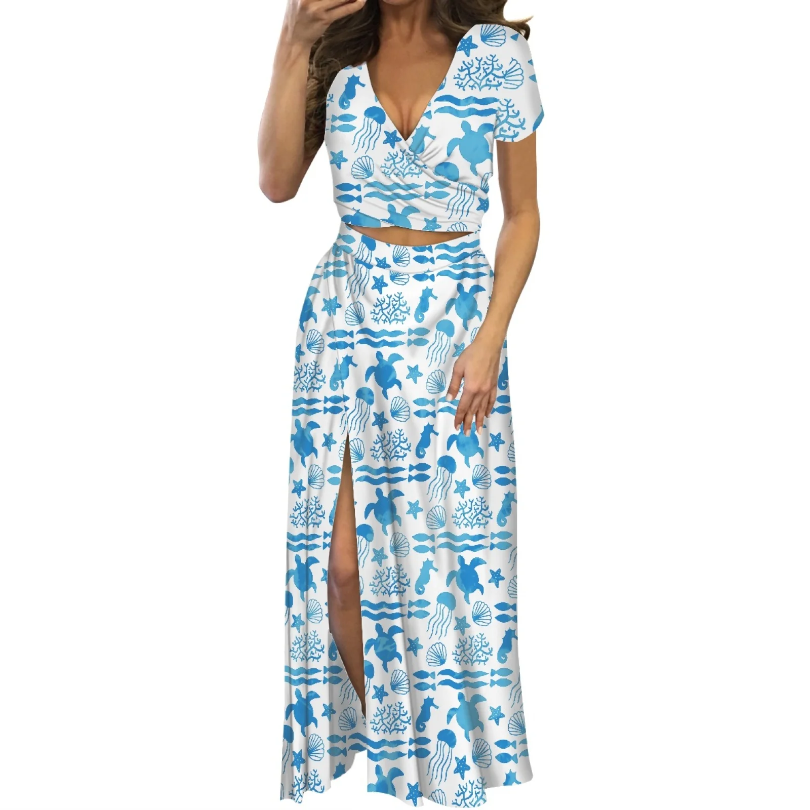 Marine Element Prin Two-Piece Split Dress V-neck Short Sleeve Clothing Hawaii Summer Beach Party Women's Low-Cut Maxi Dress