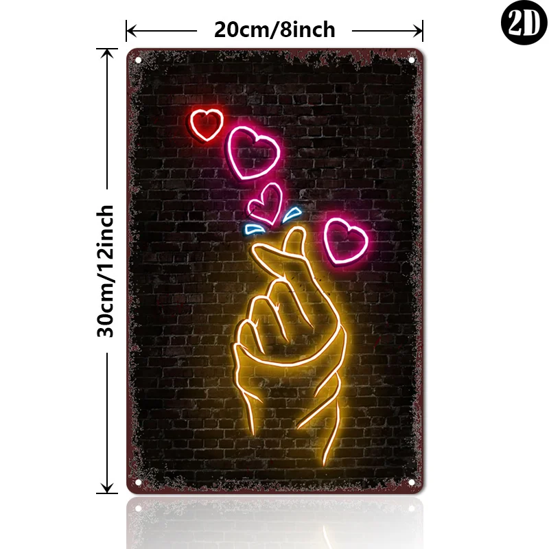 Vintage Metal Tin Sign, Neon‑Style NO LED Lights，Heart Hand Gesture Neon Style Wall Art Decor for Home Office Bar Cafe - view 3