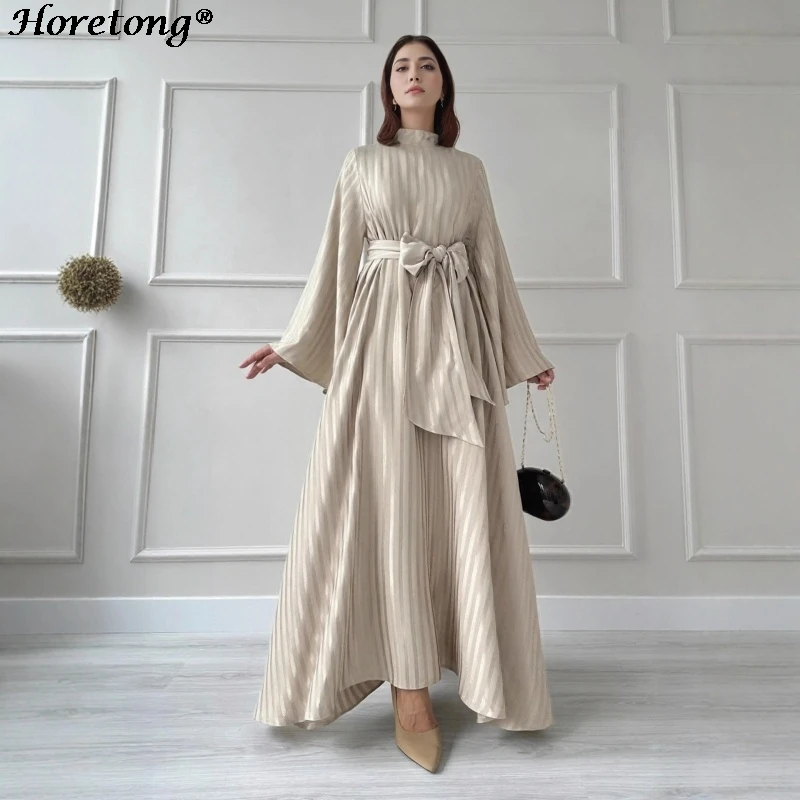 Shiny Satin Vertical Stripe Mock Neck Muslim Abaya Horetong 2026 Bow Tie Belted Flare Sleeve Modest Ramadan Eid Maxi Dress