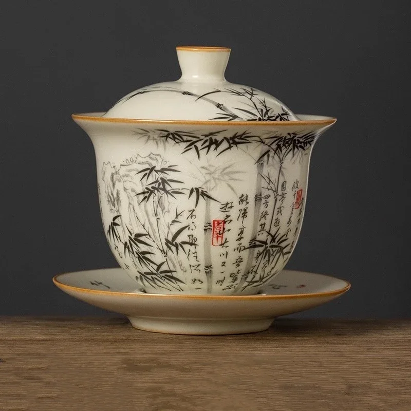

Bamboo Ru Yao Porcelain Gaiwan Set For Tea Tureen Teaware Cup Chinese Yellow Ceramic Opening Tea Bowls Chawan Tea Ceramony Lily