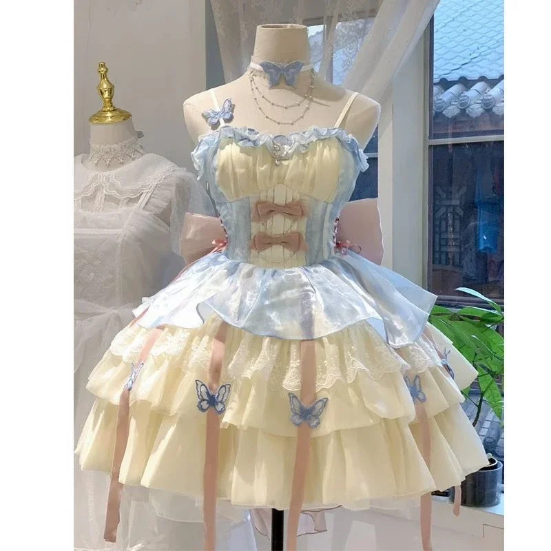 Verano dulce Lolita Y2k Mini vestidos mujeres encaje Patchwork manga corta elegante vendaje francés Vintage Vestido corto de fiesta Mujer