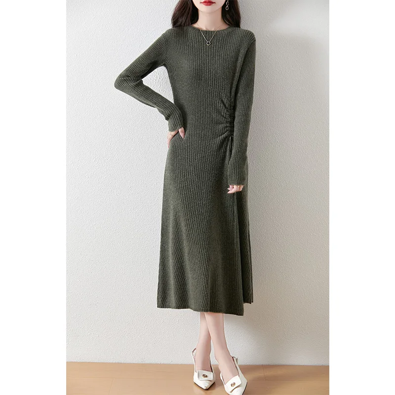 2024 nuevo otoño e invierno, vestido largo para mujer, falda informal, cómoda, a la moda, con cuello redondo, de punto de lana