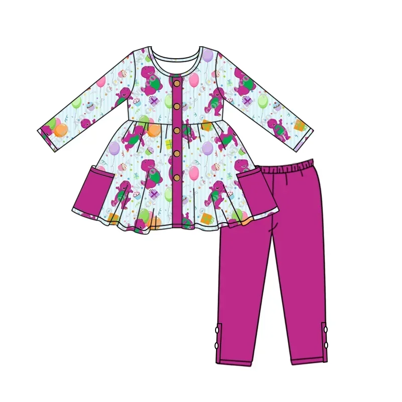 Happy Birthday Boutique Children's Suit Long Sleeve Balloon Dinosaur Print Trousers Girls Suit Pajamas Suit Baby Jumpsuit Dress