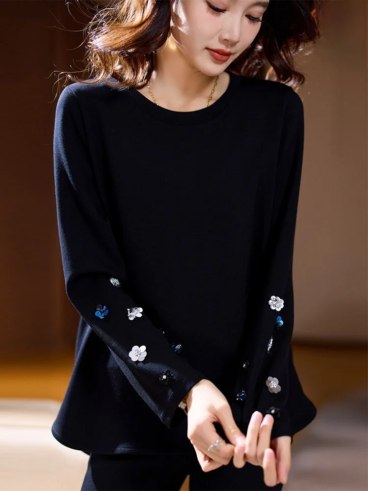 

Женская футболка Ele Street с бисером, осенне-зимняя, большого размера, свободного кроя, однотонная, повседневная, с круглым вырезом