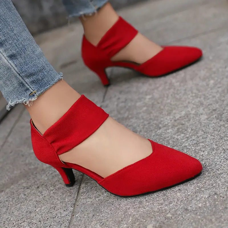 2024 New Large Size Women's Sandals Suede Pointed Thin Heel Mid-heel Sleeve Simple Sandals Wear Women's Shoes High Heels Pumps