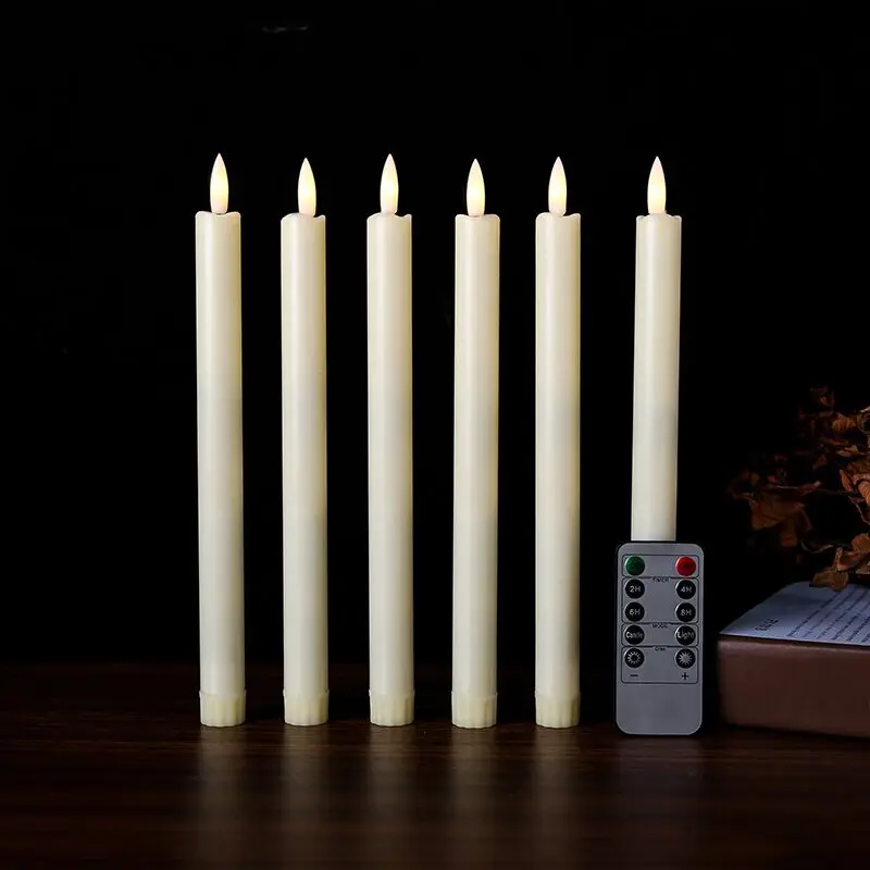 Pack of 6 Remote controlled Ivory Led taper candles 3D Wick Candlestick w/Timer function Battery Operate Stick Home Bar Lighting