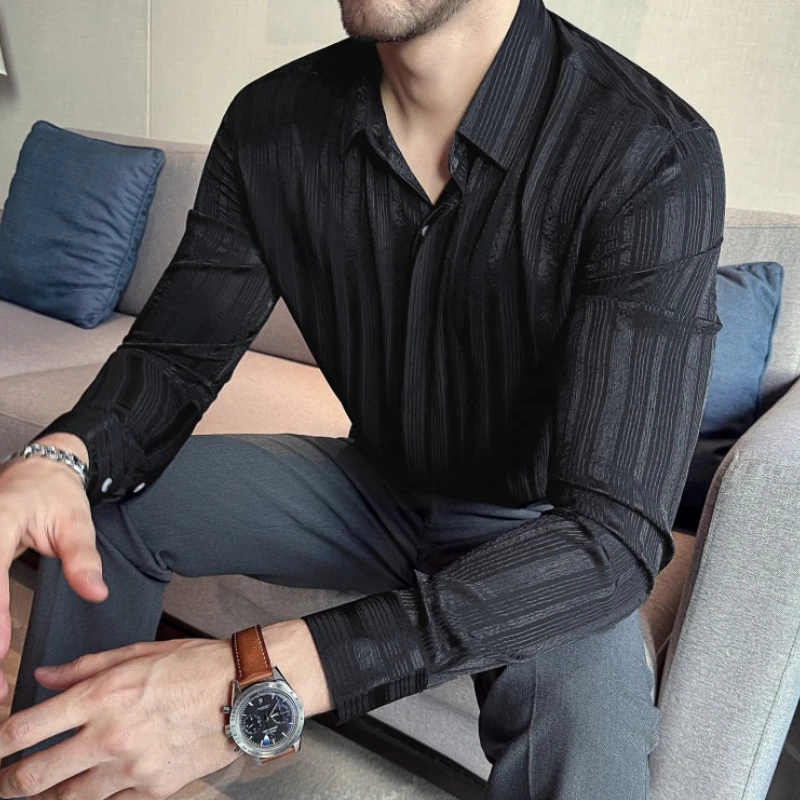 Autumn 3D Pleated Striped Long Sleeved Shirt for Men Casual Business Dress Shirt Versatile Office Social Work Uniform Shirts