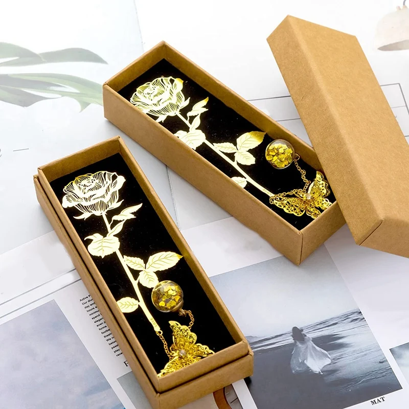 4 Pack Valentine's Day Metal Golden Rose Bookmarks Metal Bookmarks With 3D Butterfly Pendant Chain And Box