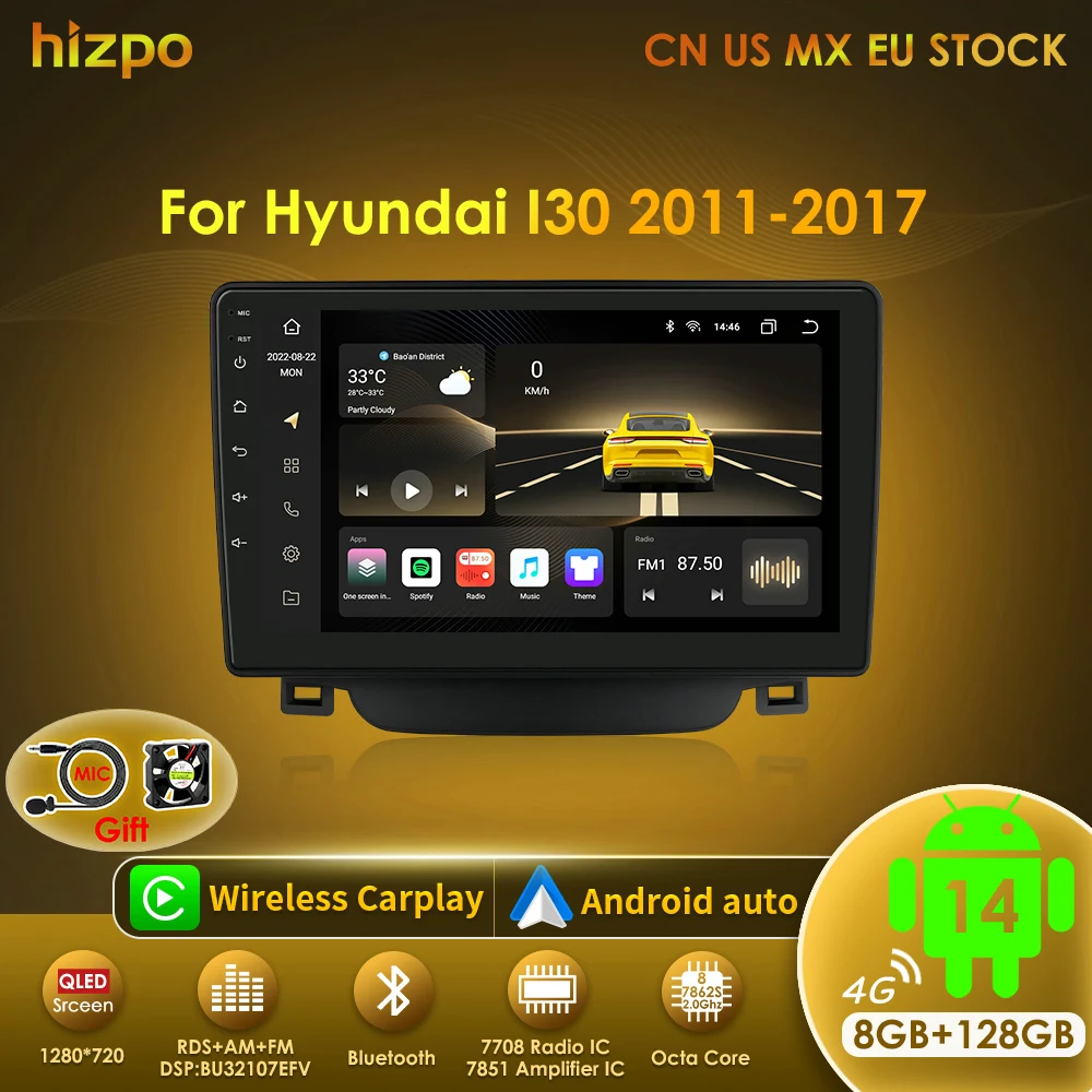 Hizpo For Hyundai I30 Elantra GT 2011- 2017 Android 14 Auto Carplay GPS Navigation Smart Monitor 2din Multimedia DSP WIFI 8+128G