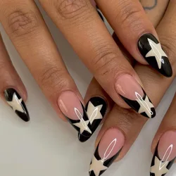 24pcs/box Fake French y2k Nails Press On Long Stiletto Almond Shape Wearable False Nails With Stars Designs Full Cover Nail Tips