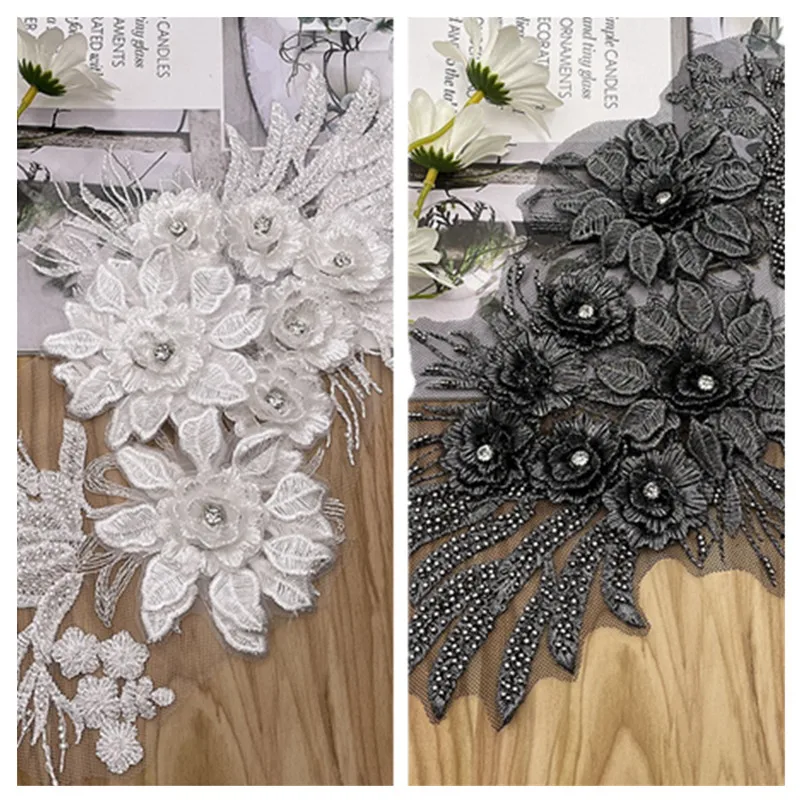 

1Pcs White Grey 3D Flower Heavy Beaded Embroidery Patch Mesh Fabric African Lace Applique Sew Wedding Dress Clothes Decor Diy